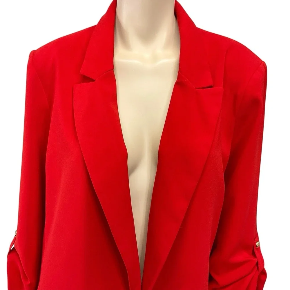 Tahari Blazer Women XL Red Long Sleeve Open‎ Front Lined Roll Tab Notch NWT